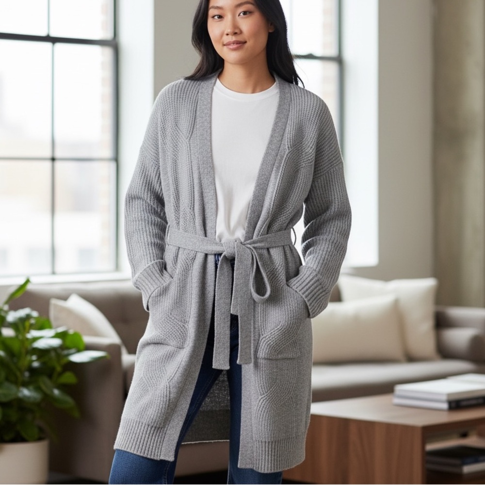 Nine West Sweater Grey Cardigan Belted Long Length‎ Wool Blend in Size XL